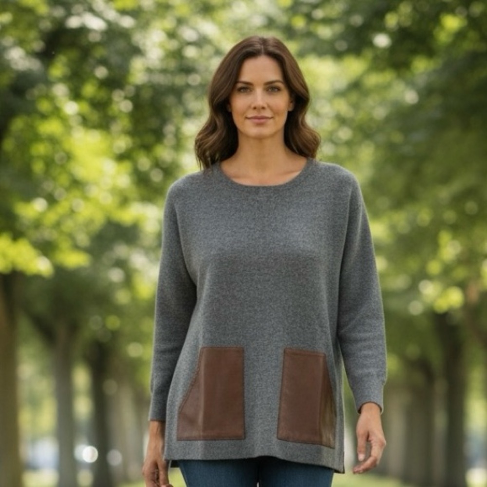 J. Crew Merino Wool Sweater with Leather Pockets (Charcoal/Brown) EUC Small